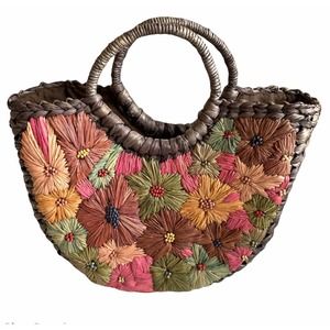 H&M Woven Wicker flower Raffia straw Tote Bag Multicolor Beach Boho Summer Brown